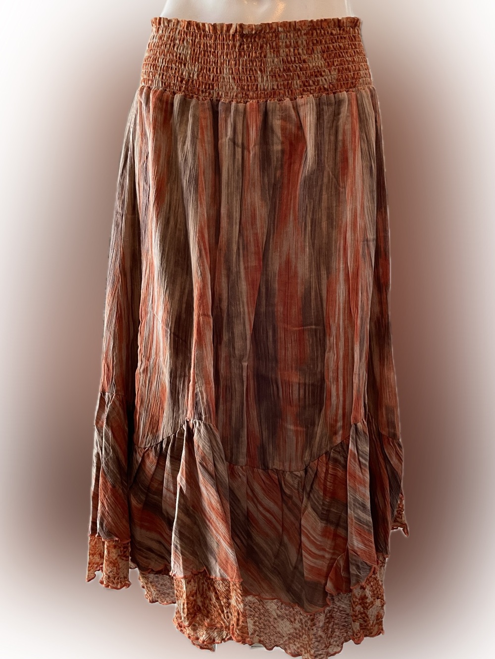 Reba Striped Tiered Maxi Skirt in Rust and Brown